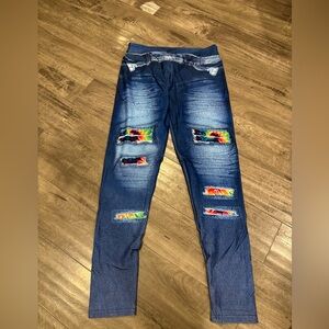 Galaxy By Harvic Women's Blue Jeggings with Colorful Distressed Details